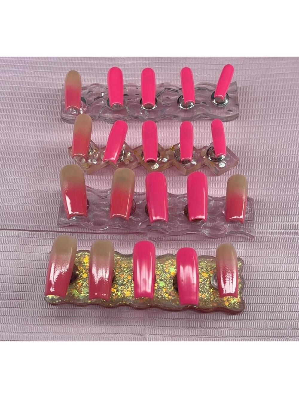 Long square press on nails pink ombré handmade custom nude